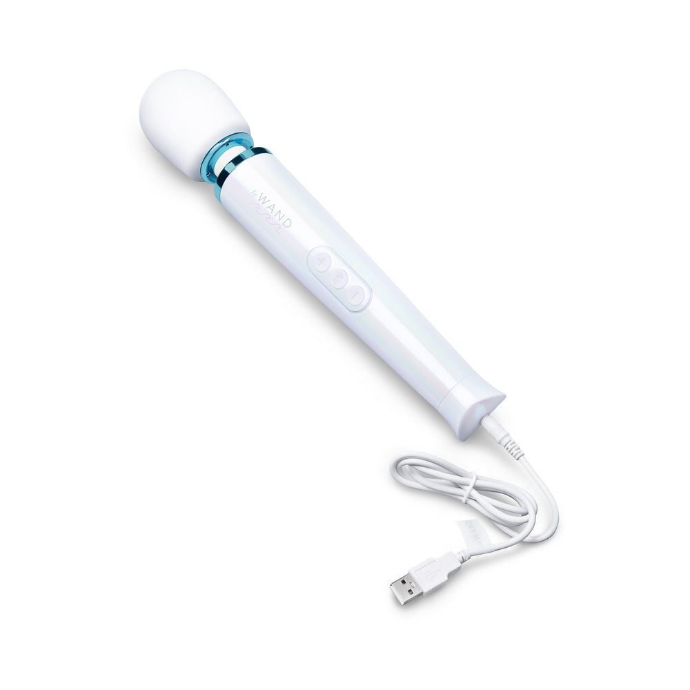 Le Wand Dive Submersible Vibrating Massager Seashell with USB charging cable and ergonomic design.