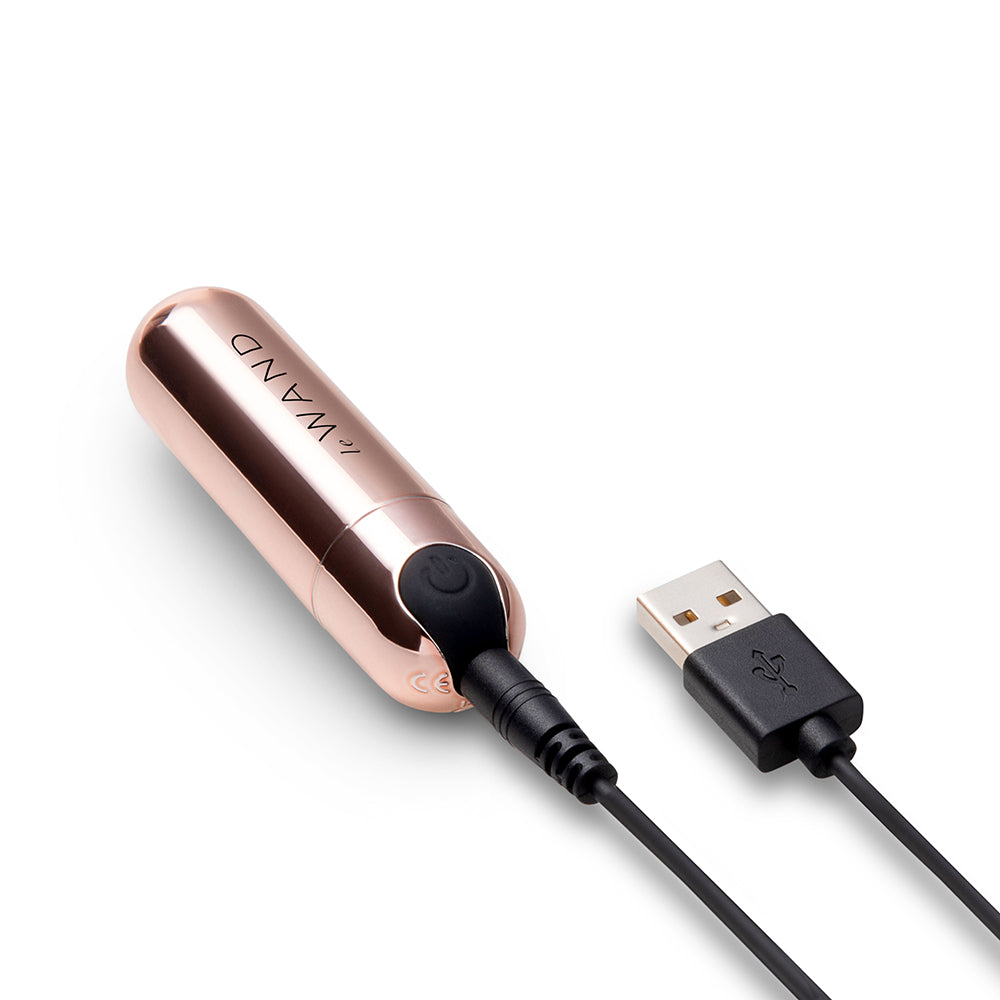 Le Wand Essentials Mini Rose Gold Bullet Vibrator with USB charger for convenient charging.