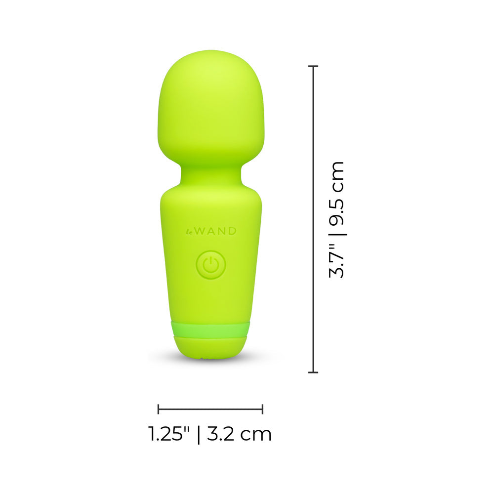 Le Wand Essentials Mini Wand Vibe Pocket-sized Vibrator in vibrant green color with dimensions.