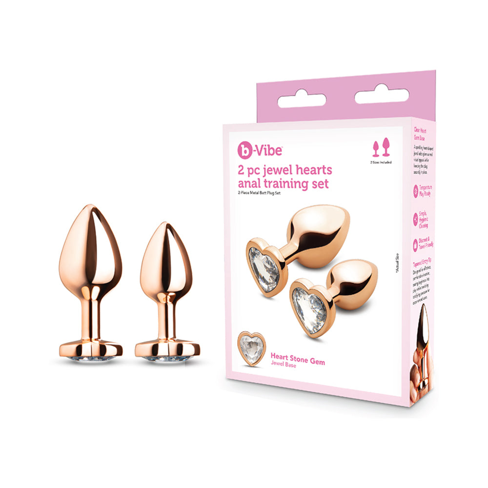 B-vibe Essentials 2-piece Jewel Hearts Anal Training Set featuring stylish butt plugs with heart-shaped jewel bases.