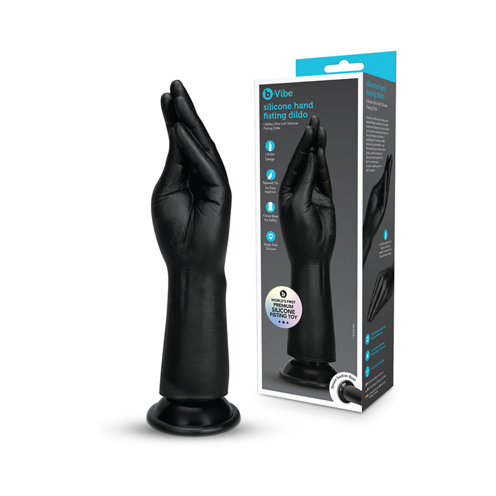 B-vibe Essentials Silicone Hand Fisting Dildo Black with sculpted hand design for unique sensations and full stretching.