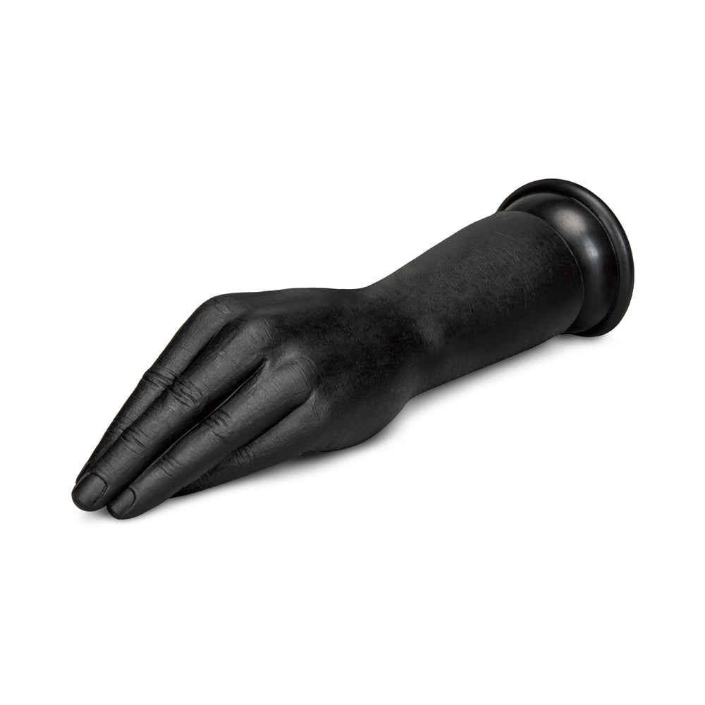 B-vibe Essentials Silicone Hand Fisting Dildo Black showcasing a unique hand design for fisting play stimulation.