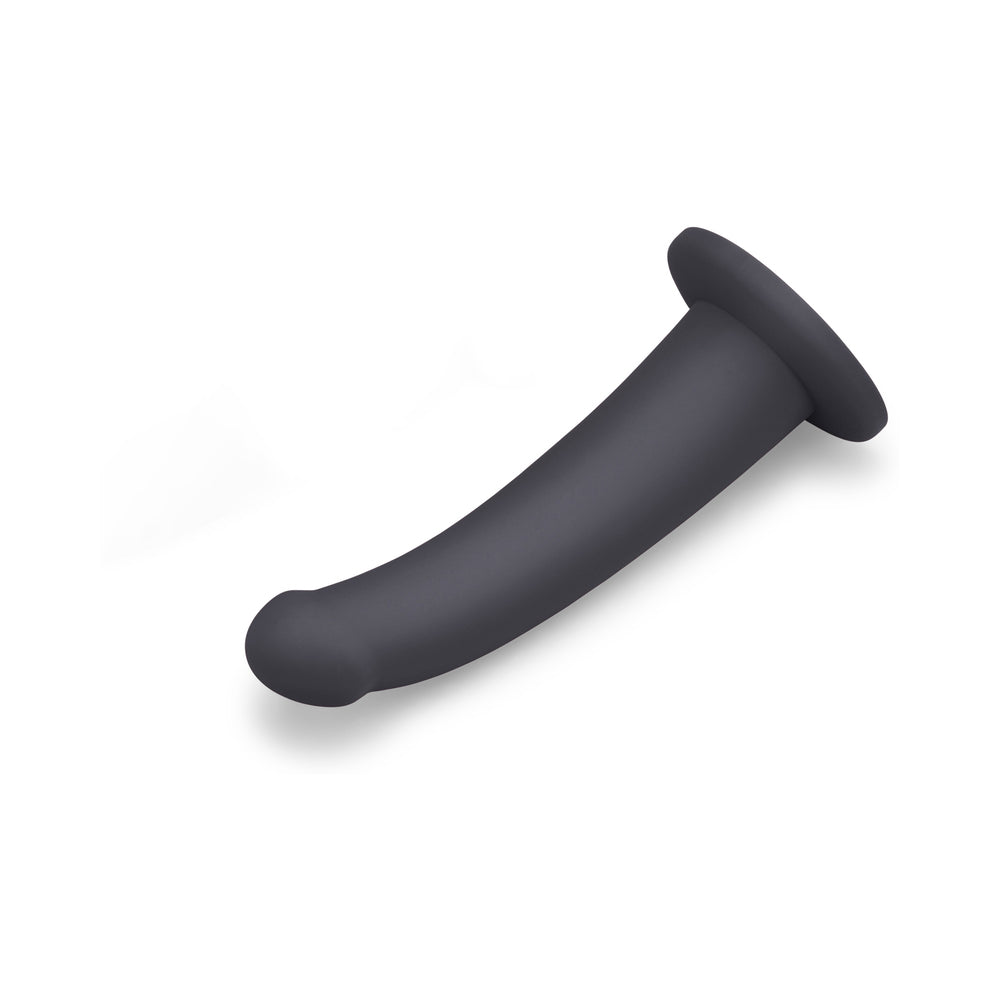 B-Vibe Essentials 7 Inch Smooth Silicone Dildo Black on a white background for a sleek and modern look.