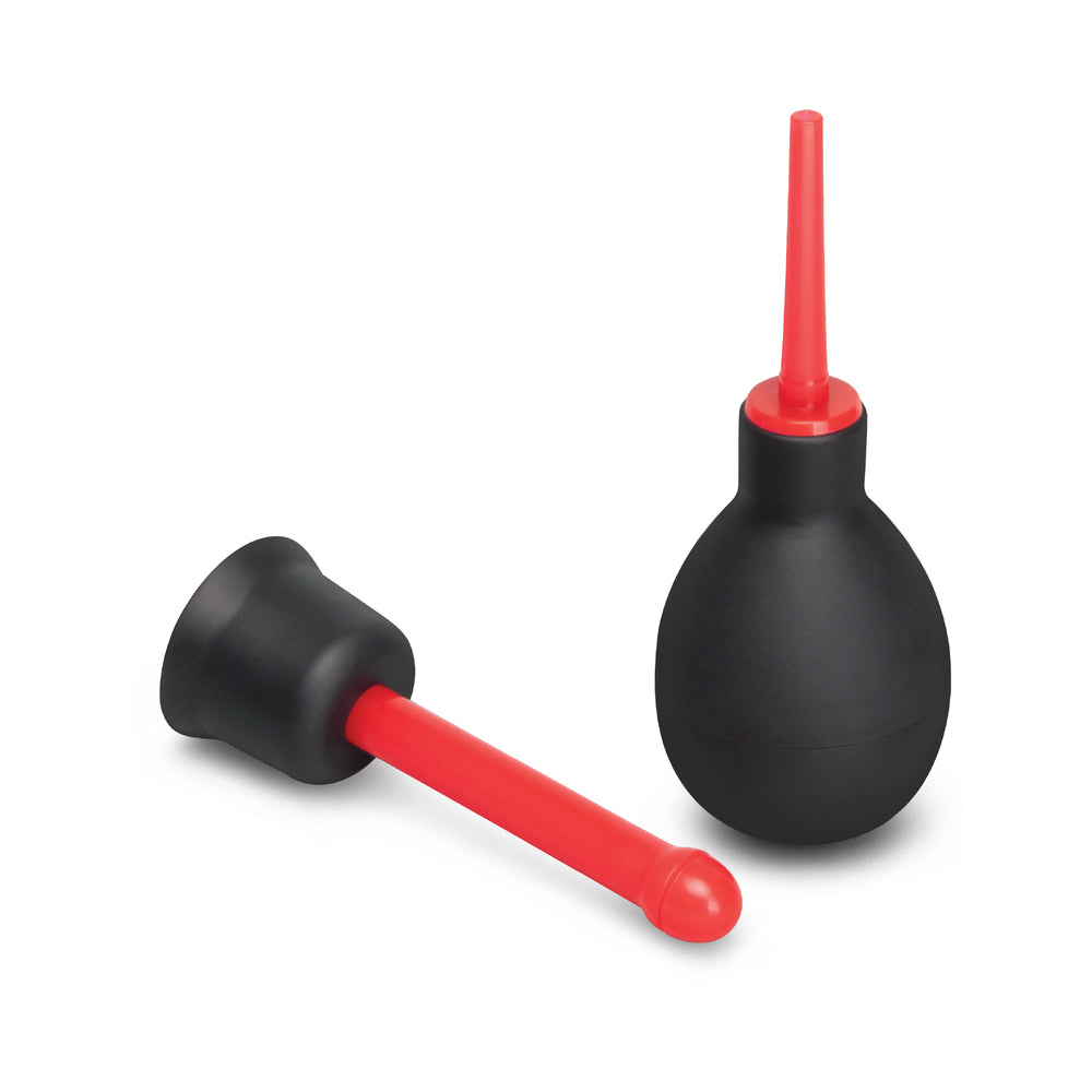 B-vibe Essentials Mini Travel Enema Set 30 Ml featuring squeezable bulb and flexible heads for discreet pre-play hygiene.