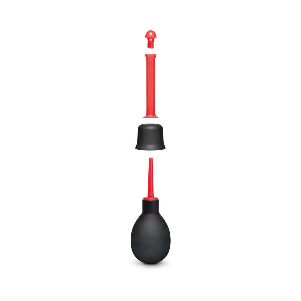 B-vibe Essentials Mini Travel Enema Set 30 Ml components including black squeezable bulb and red heads.