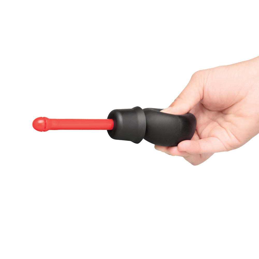B-vibe Essentials Mini Travel Enema Set 30 Ml handheld with flexible red head for convenient hygiene.