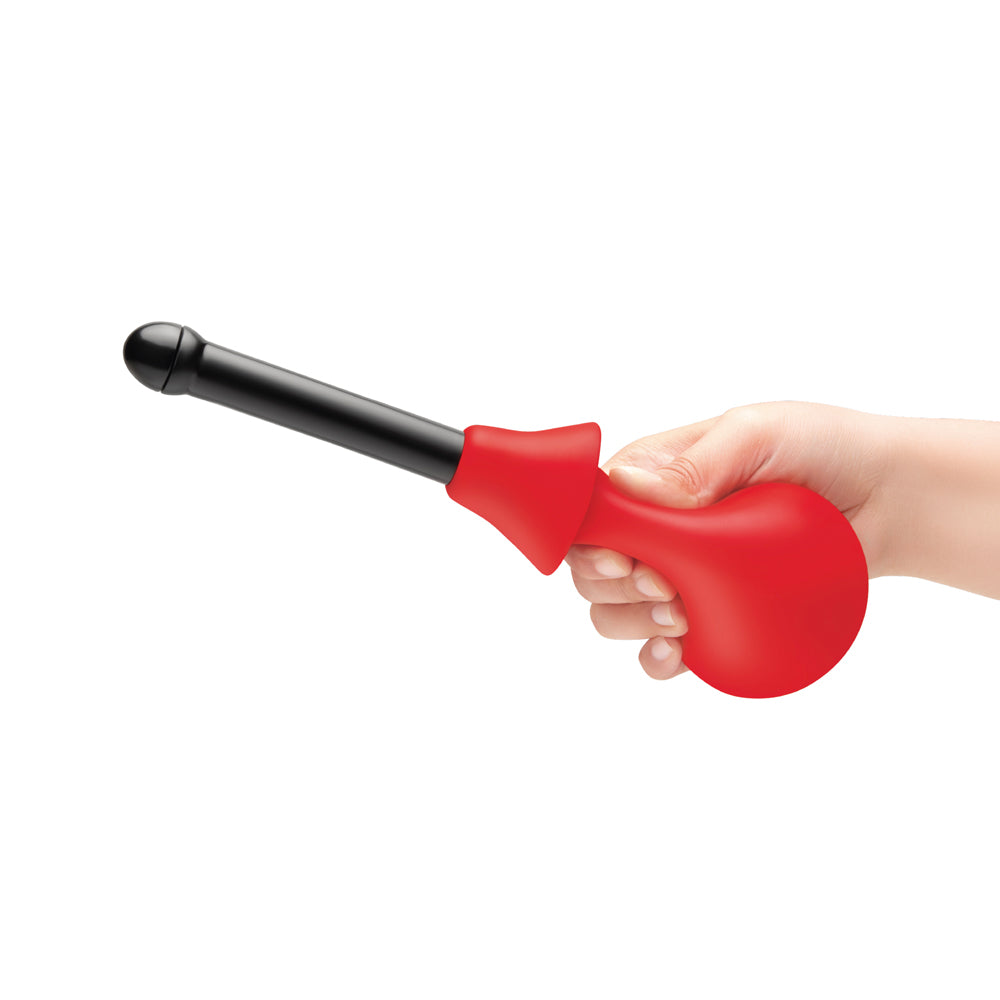 B-Vibe Essentials Hydrobulb Anal Douche 200 ml handheld in red and black for hygienic anal play prep.