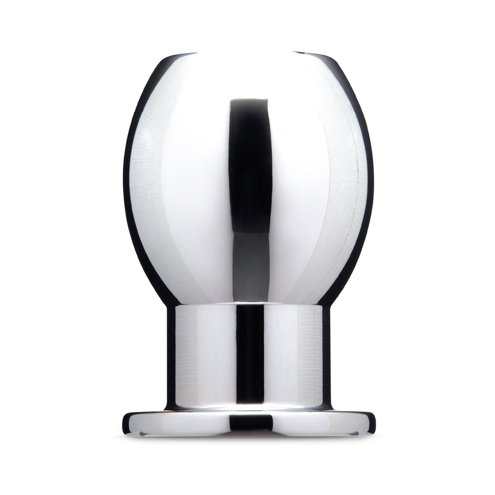 B-vibe Essentials 3 Inch Aluminum Hollow Tunnel Butt Plug displays sleek aluminum design for anal play.