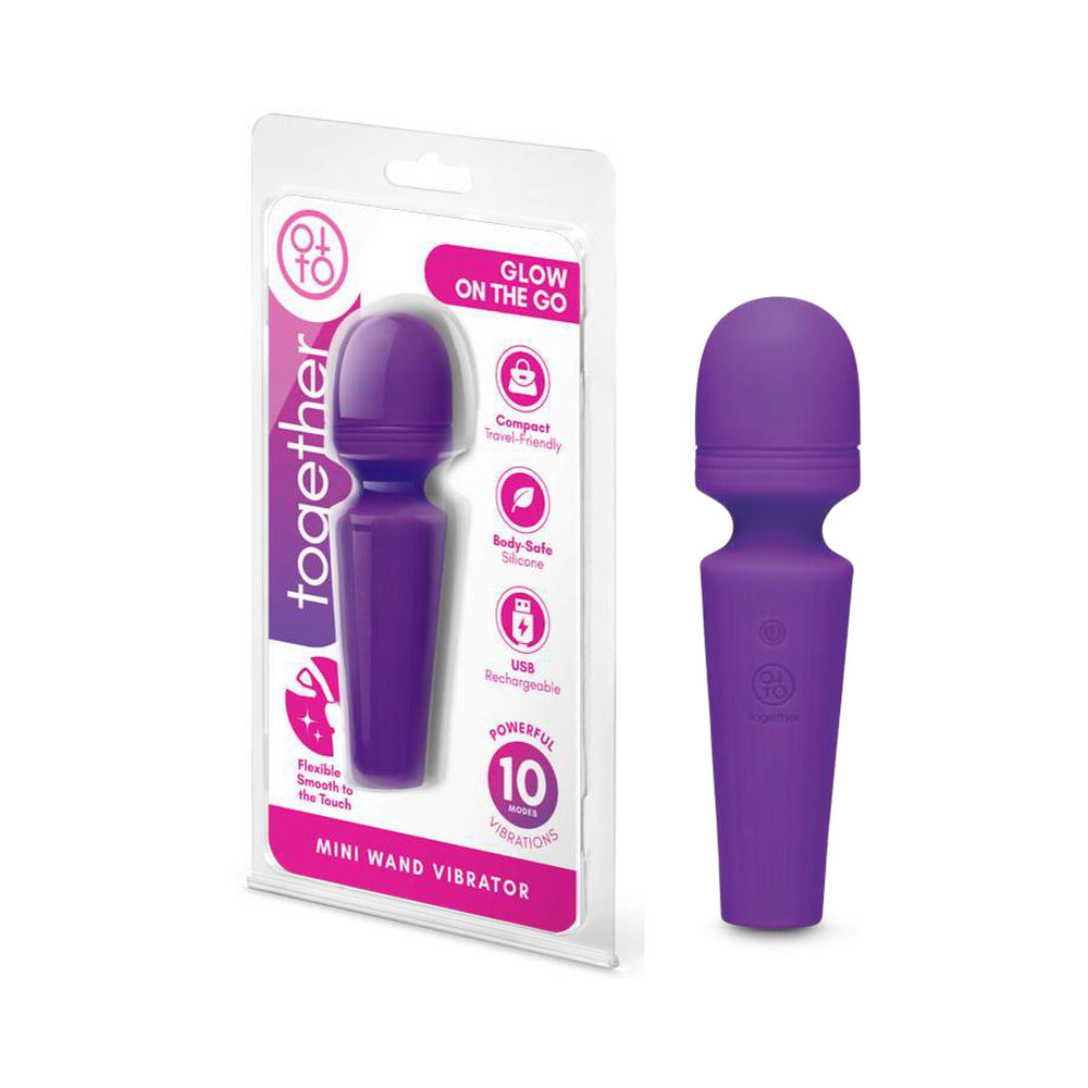 Together Glow On The Go Mini Wand Vibrator Purple displayed in packaging with product details.