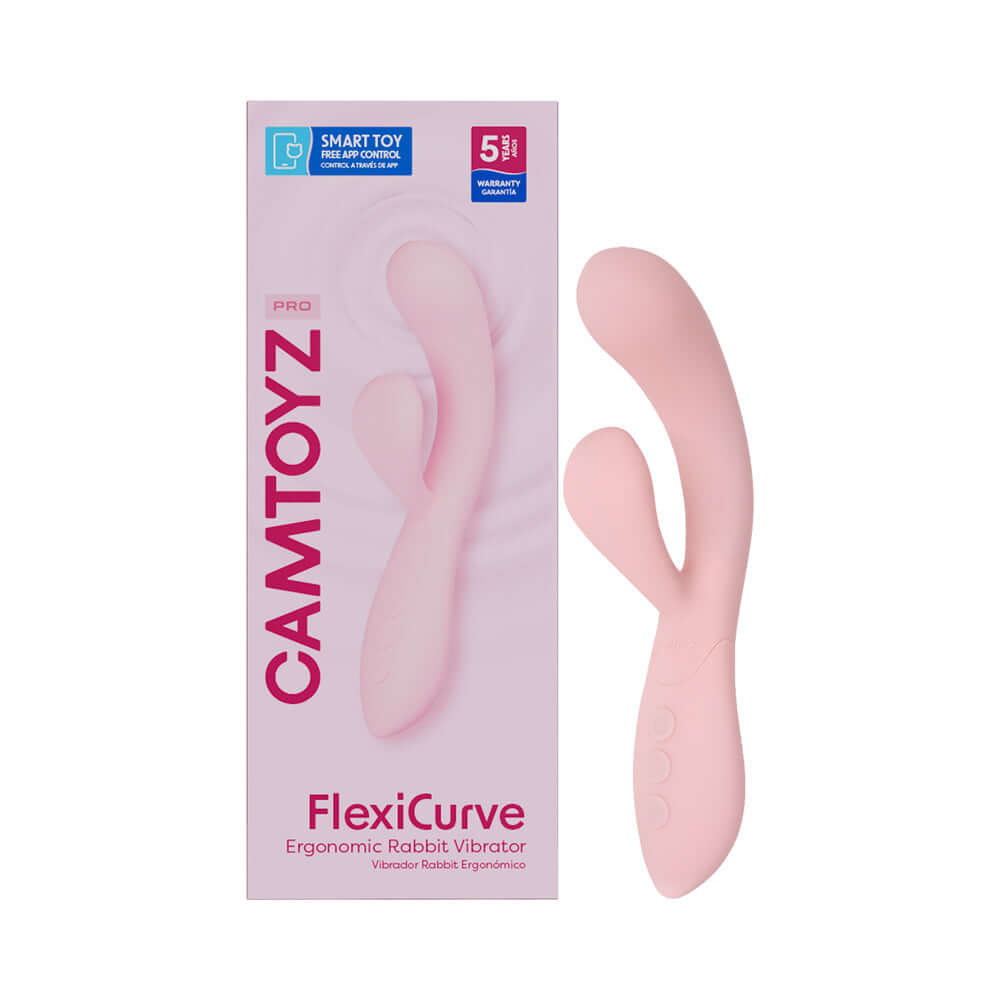 Camtoyz Flexicurve Ergonomic Rabbit Vibrator in pink packaging, showcasing its dual-action design for internal and external stimulation.