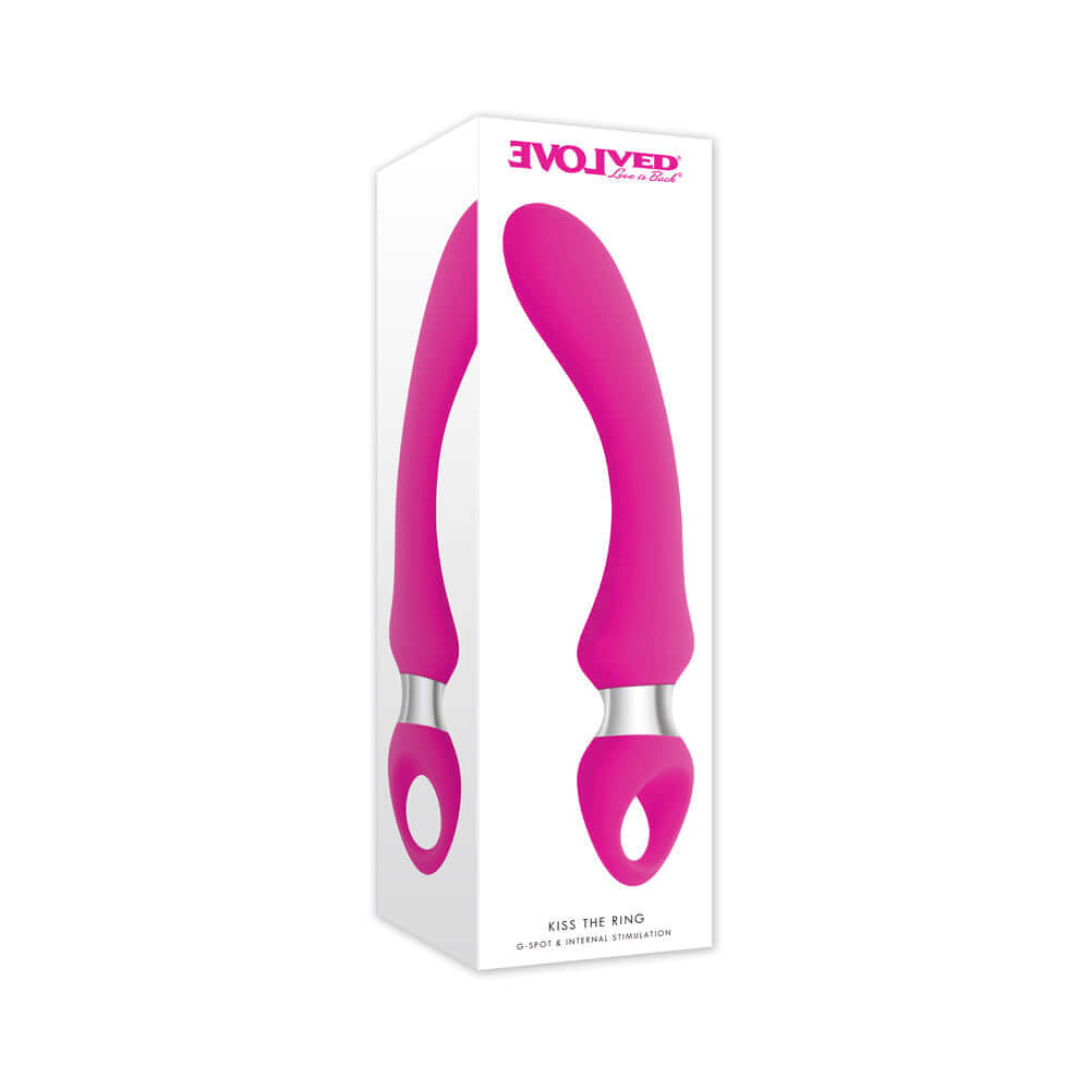 Evolved Kiss The Ring Silicone G-Spot Vibrator Pink in a packaging display, showcasing its curved design and chrome ring handle.