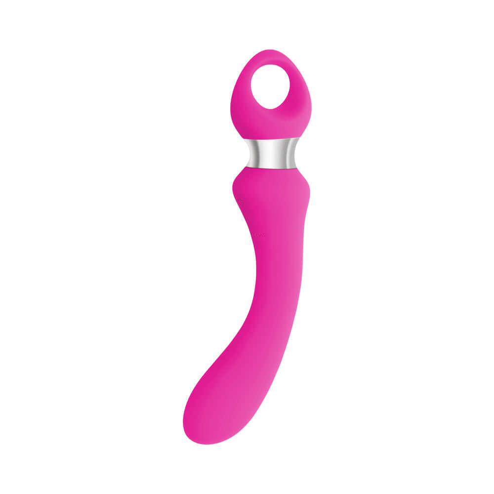 Evolved Kiss The Ring Silicone G-Spot Vibrator Pink with a curved shaft and chrome ring handle for stimulation.
