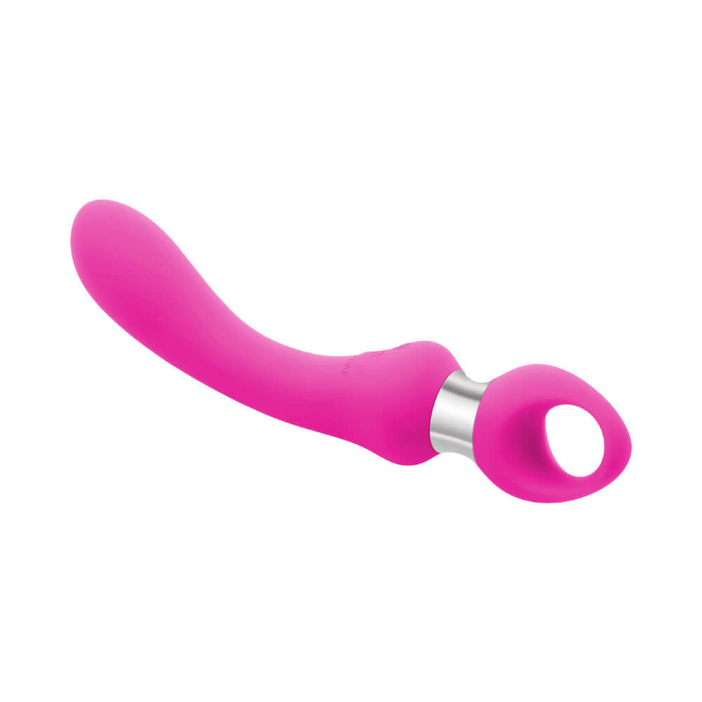 Evolved Kiss The Ring Silicone G-Spot Vibrator Pink with a curved shaft and chrome ring handle for targeted stimulation.