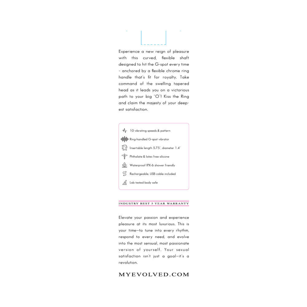Evolved Kiss The Ring Silicone G-Spot Vibrator Pink features 10 vibrating speeds and a ring handle for targeted pleasure.