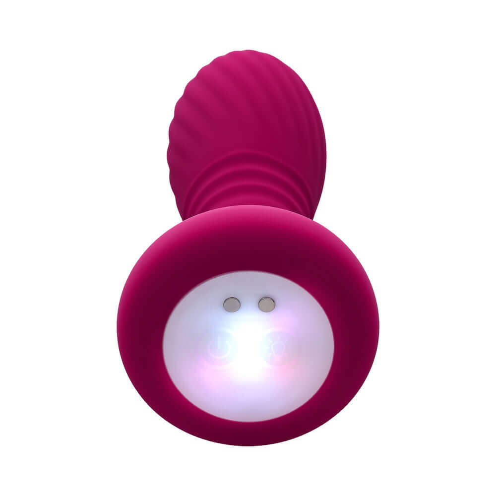 Evolved Party Plug Silicone Rechargeable Burgundy featuring thrusting motion and illuminated base.