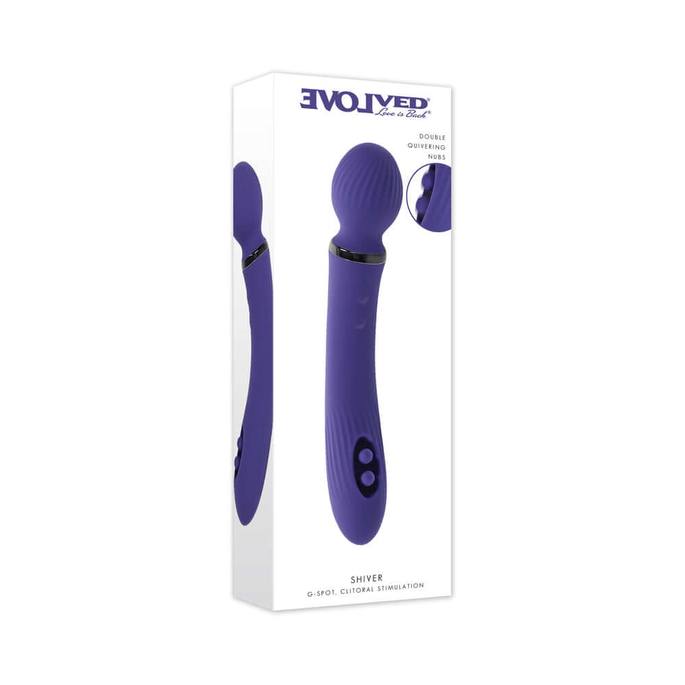 Evolved Shiver Silicone Rechargeable Vibrator Purple in packaging, showcasing dual ends for pleasure stimulation.