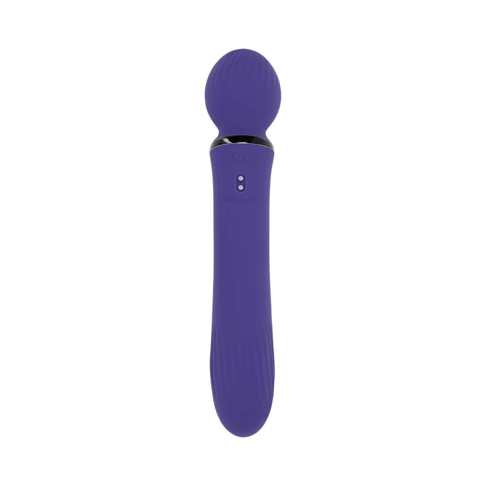 Evolved Shiver Silicone Rechargeable Vibrator Purple with textured wand head for pleasure and stimulation.