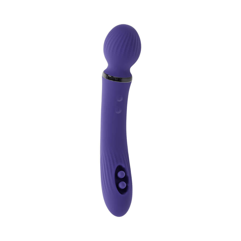 Evolved Shiver Silicone Rechargeable Vibrator Purple with textured wand head and controls for versatile stimulation.