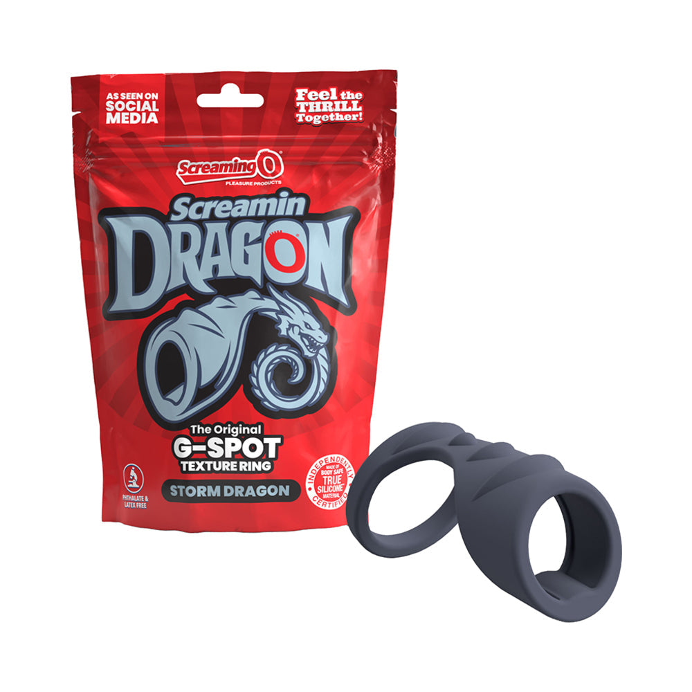 Screamin' Dragon Storm Dragon G-spot Texture Ring Blue packaging and ring on display, showcasing G-spot stimulation.