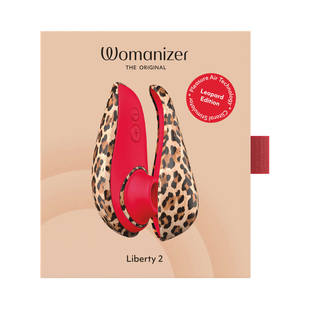 Womanizer Liberty 2 Leopard Air Pulse Clitoral Stimulator packaging featuring a sleek design in leopard print.