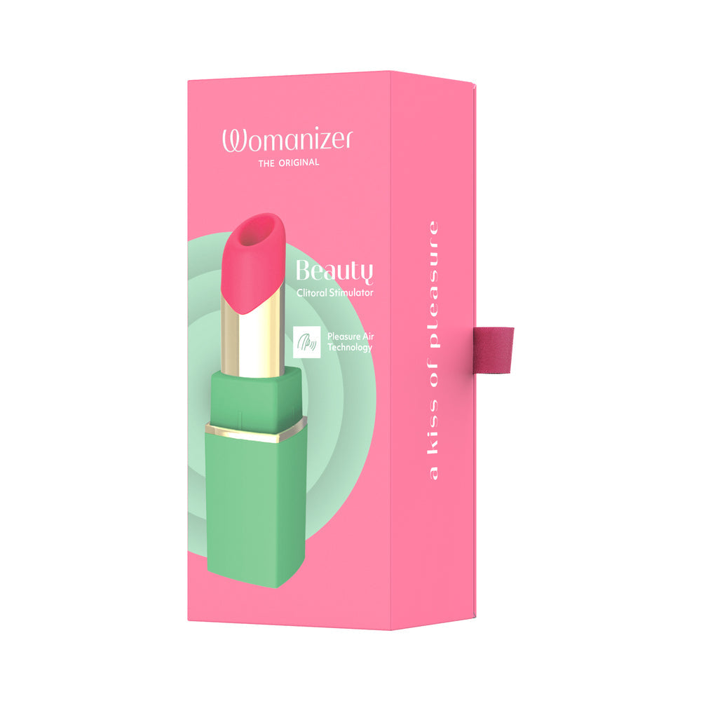 Womanizer Beauty Clitoral Stimulator Green Pink packaging showcasing its elegant design and Pleasure Air Technology.