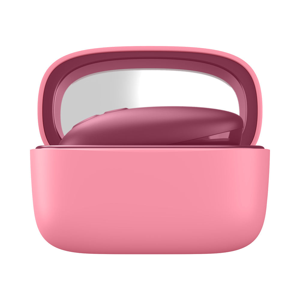 Womanizer Snap Clitoral Stimulator Crushed Berry in a pink charging case with mirror.