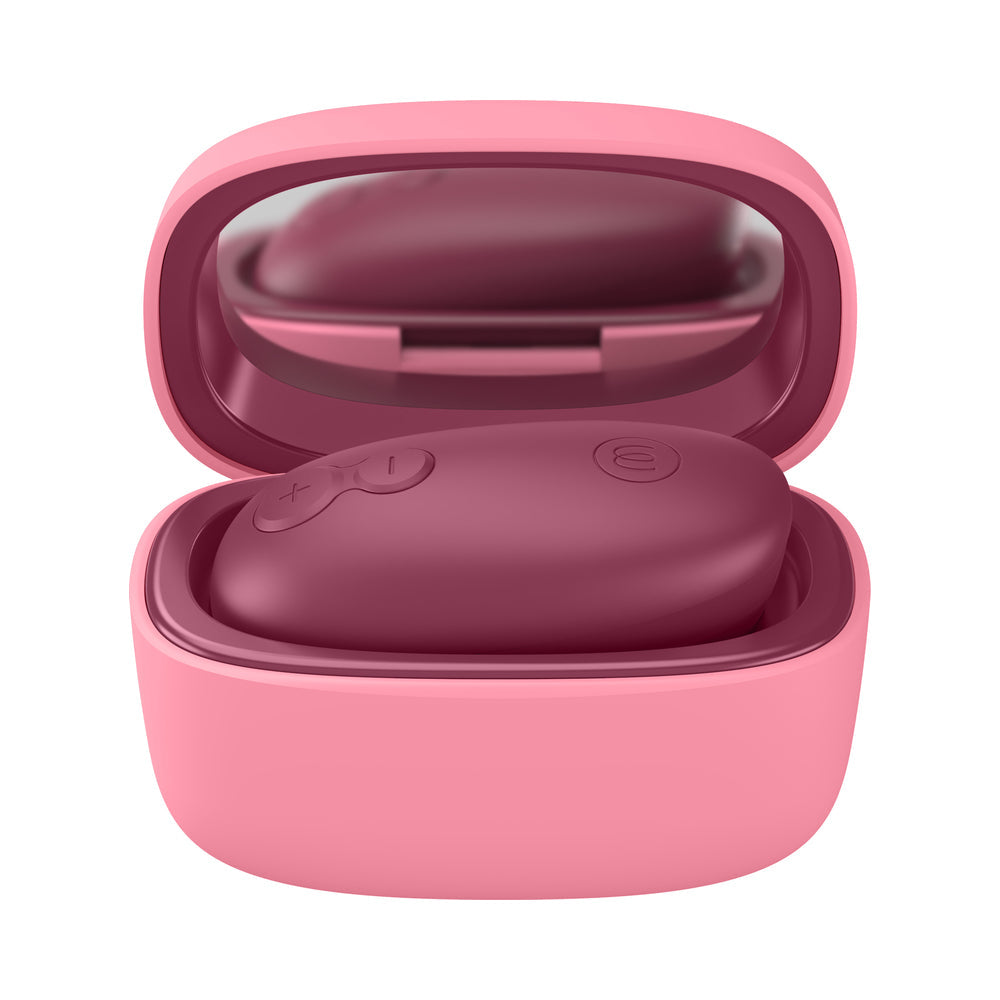 Womanizer Snap Clitoral Stimulator Crushed Berry in a pink charging case with a built-in mirror.