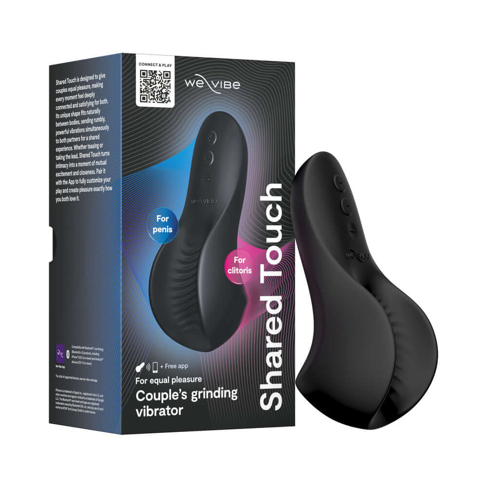 We-Vibe Shared Touch Rechargeable Vibrator Black in sleek packaging showcasing features for couple's pleasure.
