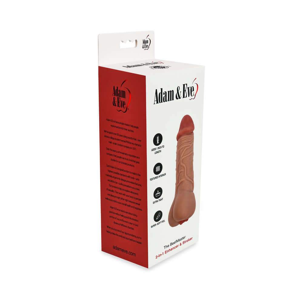Adam & Eve The Beefmaster 2-in-1 Enhancer Stroker packaging showcasing features and design.