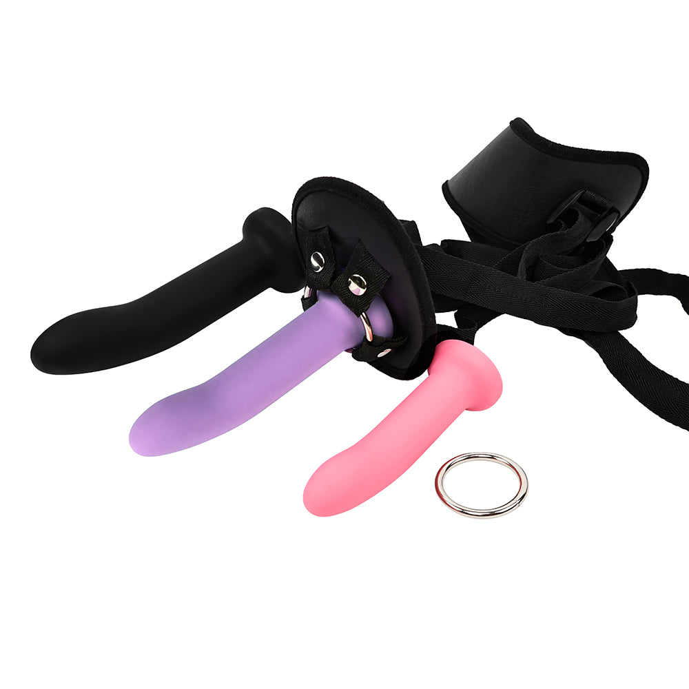 Adam & Eve Eve's Silicone Strap On Play 5-piece Set including a harness and three silicone dildos in various colors.