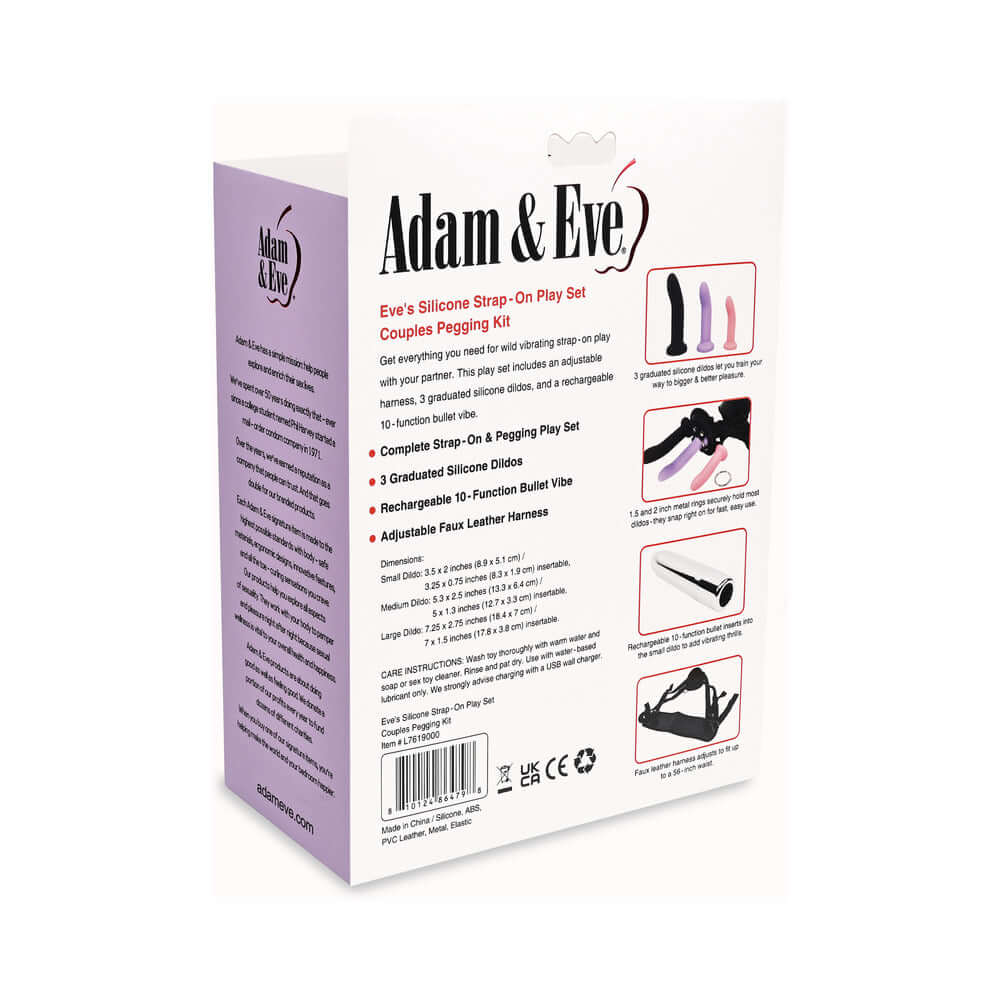 Adam & Eve Eve's Silicone Strap On Play 5-piece Set packaging, featuring harness and silicone dildos for couples.