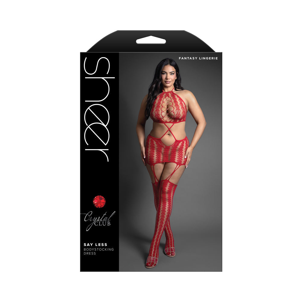 Fantasy Lingerie Say Less Bodystocking Dress Queen Size featuring a bold red sheer look and cut-out details.