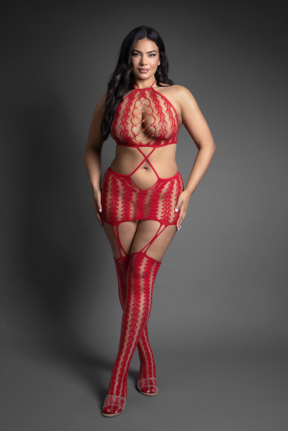 Fantasy Lingerie Say Less Bodystocking Dress Queen Size displayed on a model in a striking red color with sheer details.