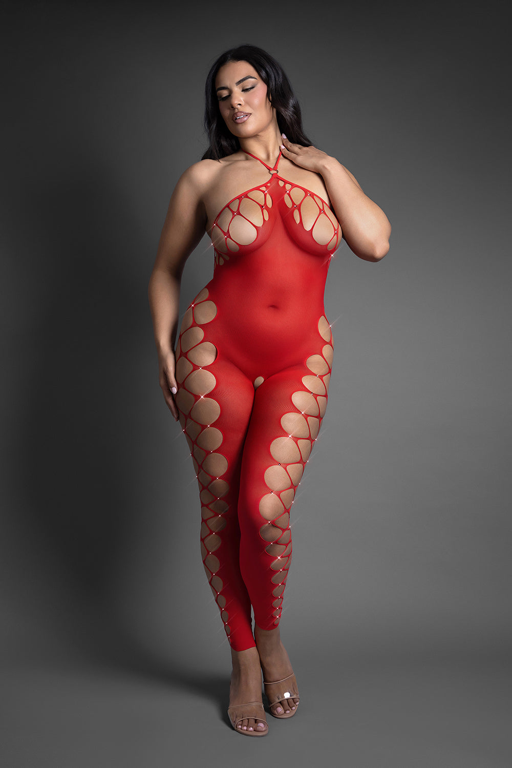 Fantasy Lingerie Slow Burn Open Crotch Queen Bodystocking on a curvy model, showcasing a seductive sheer design.
