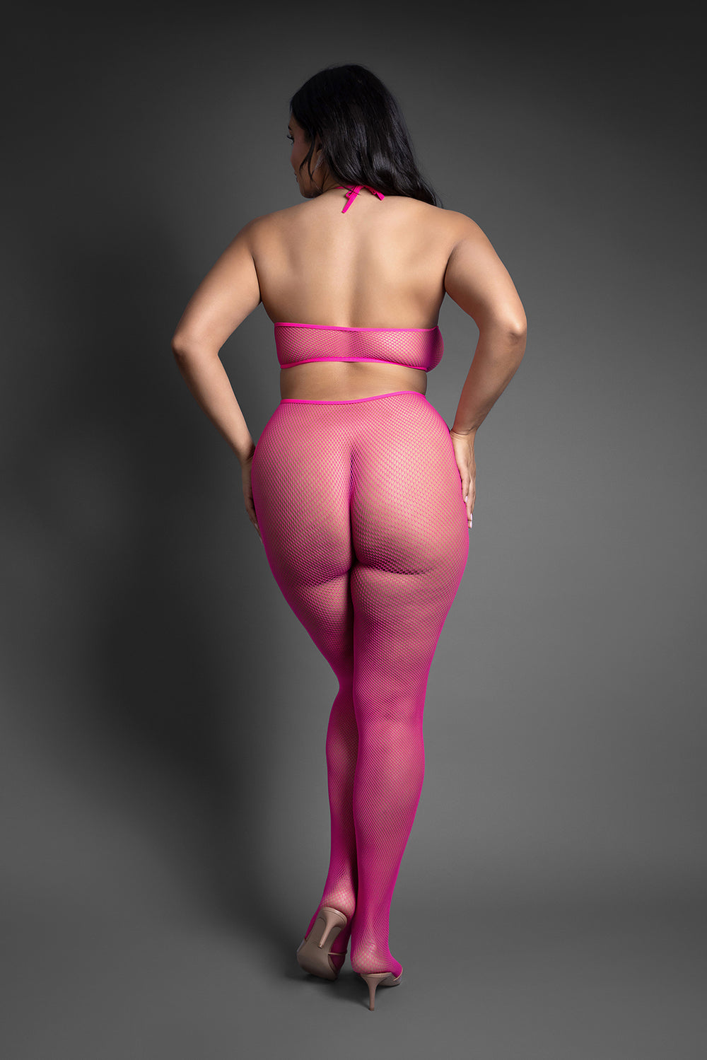 Fantasy Lingerie Crotchless Halter Bodystocking Queen Size in pink, back view on curvy model with heel shoes.