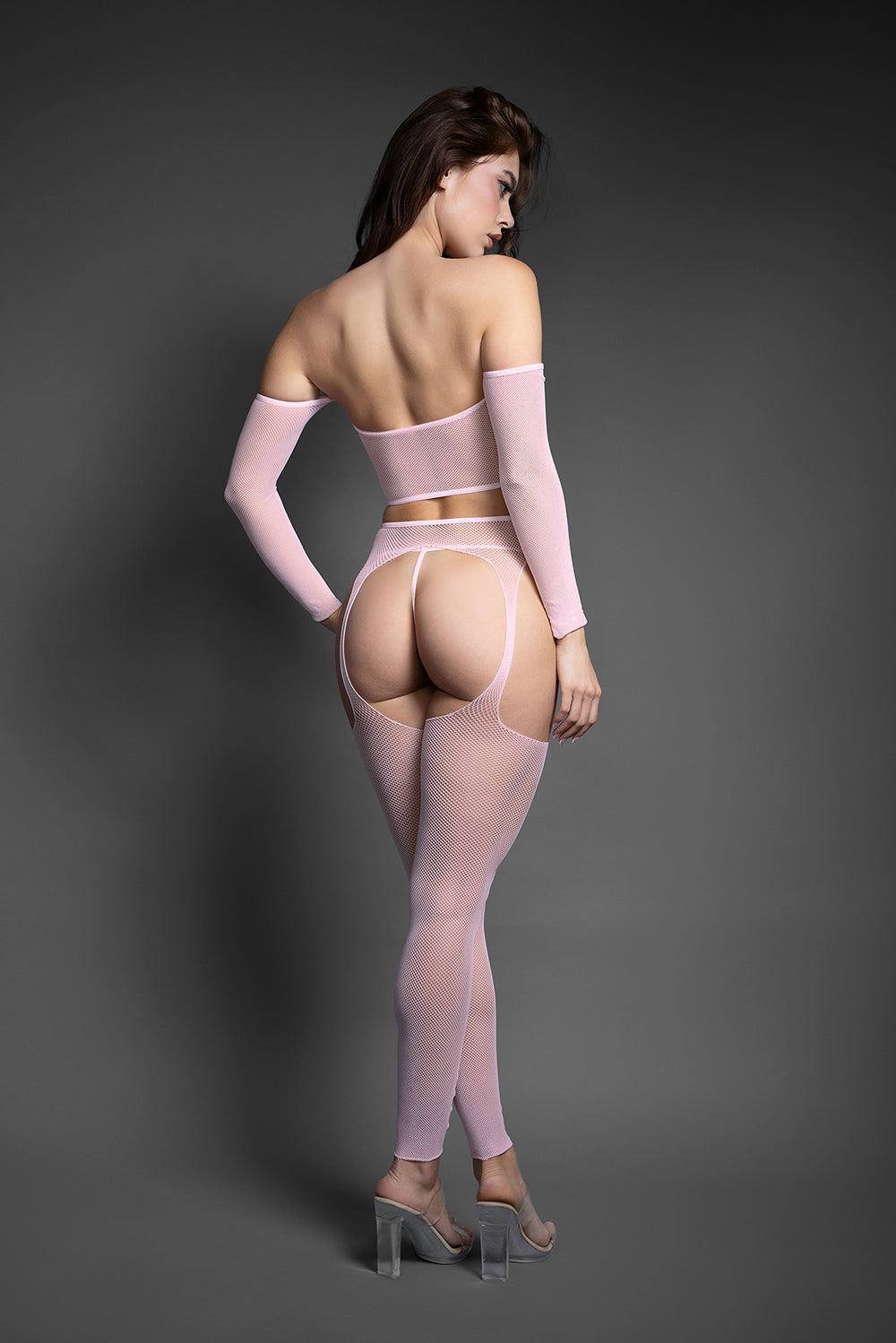 Model wearing Fantasy Lingerie Last Call Off Shoulder Top and Stockings showcasing the sheer design and stylish details.