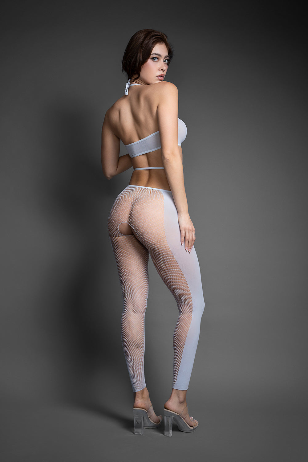 Fantasy Lingerie Pull Me Closer Halter Top And Stockings featuring sheer halter and open crotch stockings.