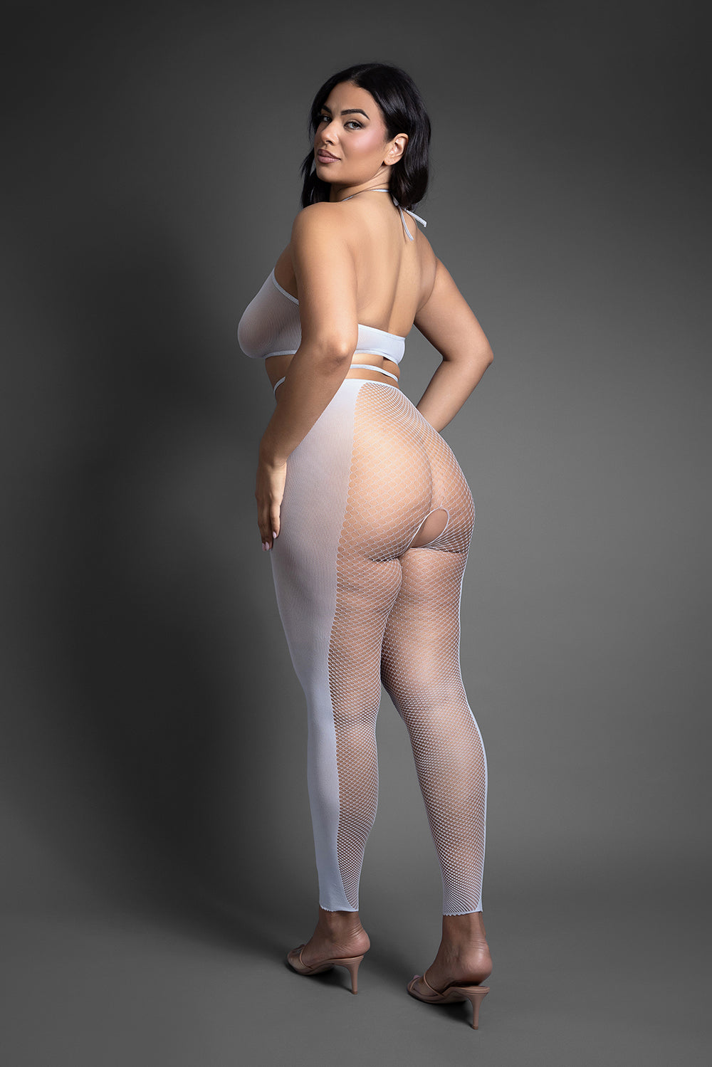 Fantasy Lingerie Pull Me Closer Halter and Stockings Queen showcases a model in a sheer halter top and footless stockings.