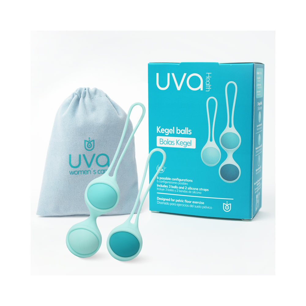 UVA Kegel Balls Set With 3 Progressive Weights featuring silicone balls and pouch for pelvic floor training.