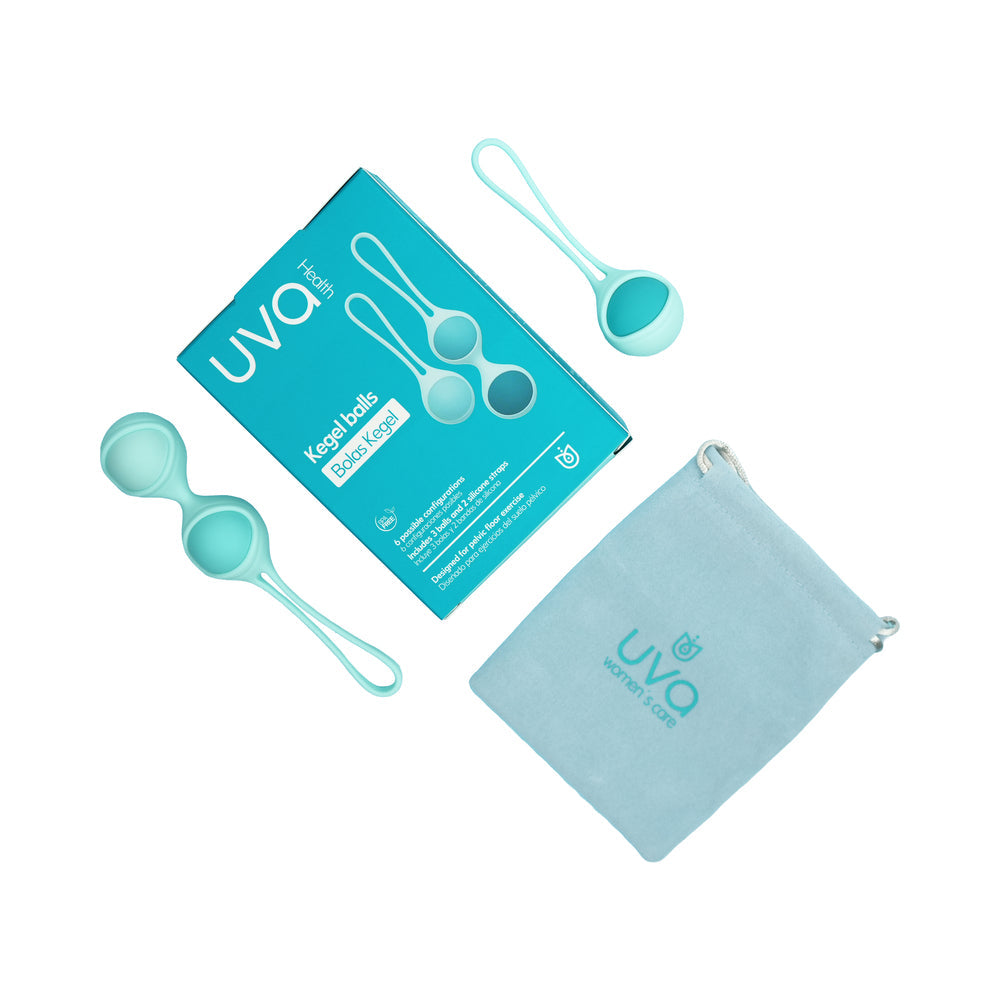 UVA Kegel Balls Set With 3 Progressive Weights packaging and components displayed on a white background.