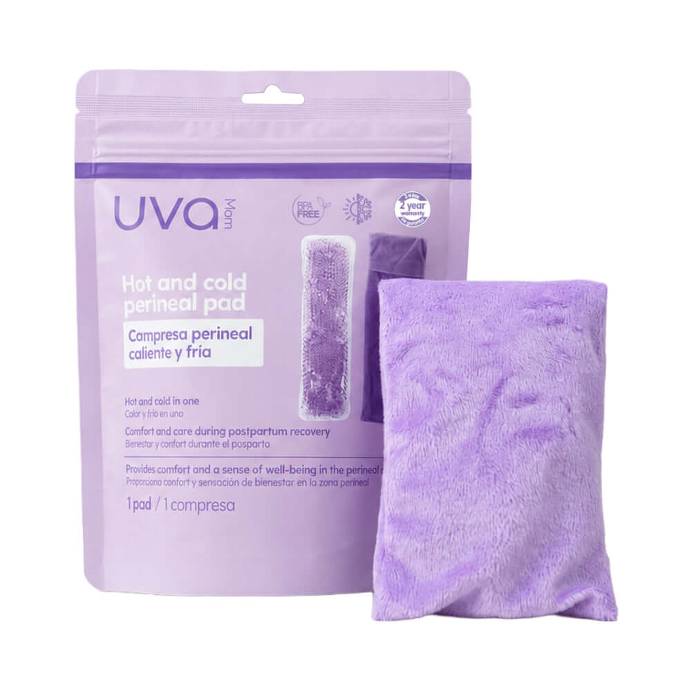 Uva Hot & Cold Perineal Compress Gel Pad packaging with a gel pad for postpartum relief.