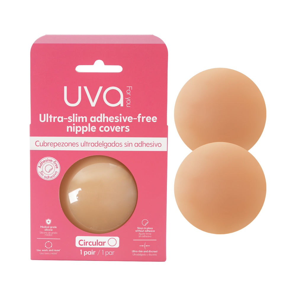 UVA Caramel Non-Adhesive Round Nipple Covers package displaying ultra-slim, adhesive-free nipple covers.