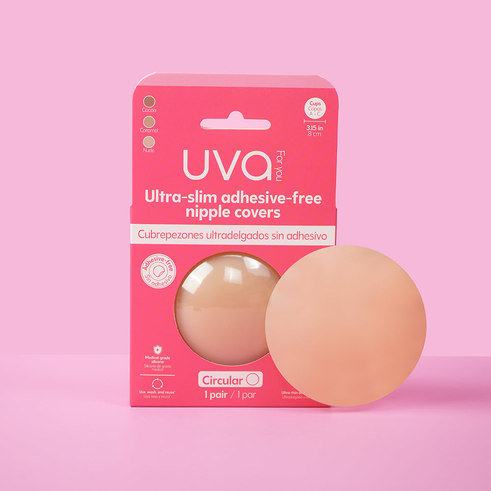 UVA Caramel Non-Adhesive Round Nipple Covers packaging with ultra-slim design on a pink background.