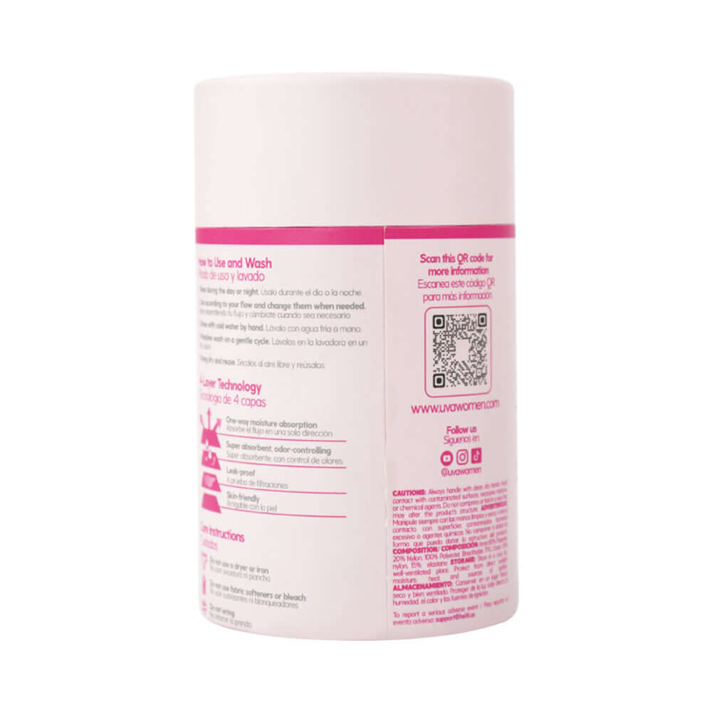 UVA Heavy Flow Period Panties Large packaging instructions and technology details for effective use and washing.