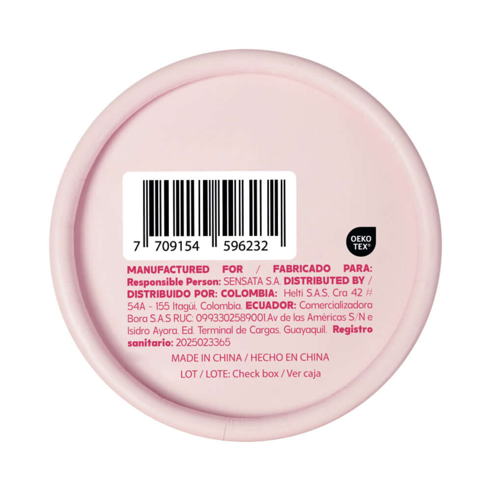 Label on pink container showing manufacturing information and barcode details.
