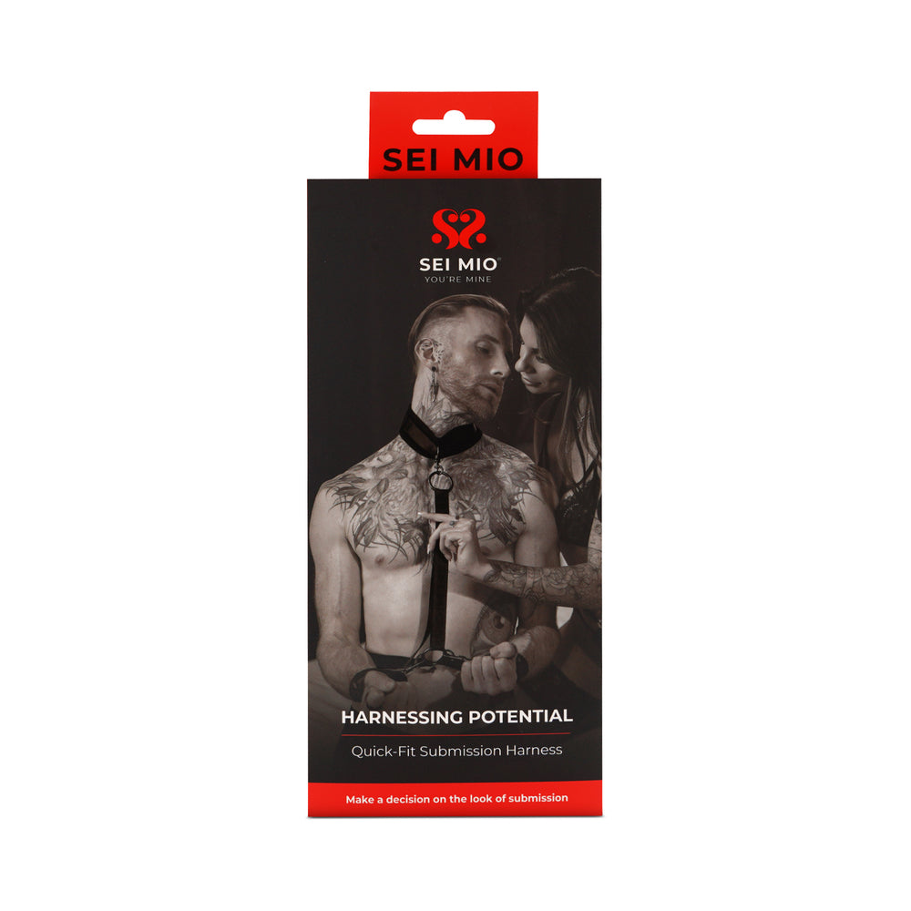 Sei Mio Harnessing Potential Body Harness With Cuffs packaging featuring a couple exploring power exchange.