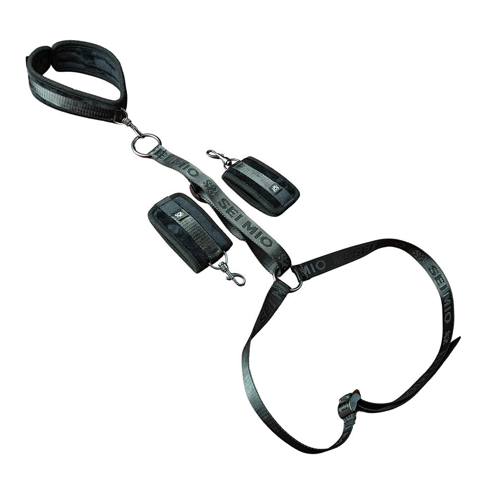 Sei Mio Harnessing Potential Body Harness With Cuffs featuring wrist and neck cuffs for restrained positioning.