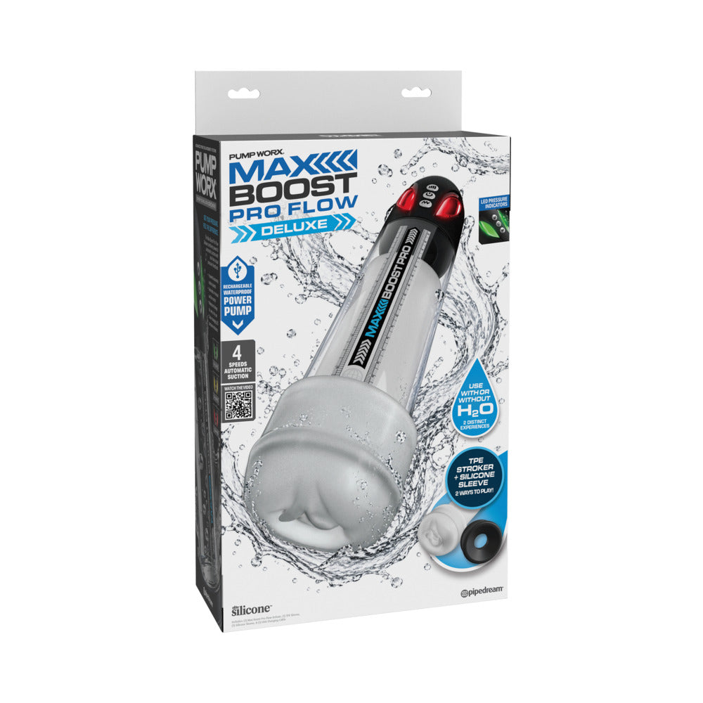 Pumpworx Maxboost Pro Flow Deluxe Penis Pump Kit Black packaging with automatic pump technology and interchangeable sleeves.