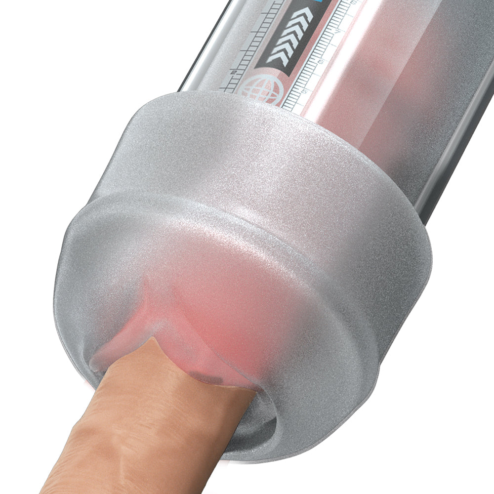 Close-up of the Pumpworx Maxboost Pro Flow Deluxe Penis Pump Kit Black with interchangeable sleeve for enhanced pleasure.