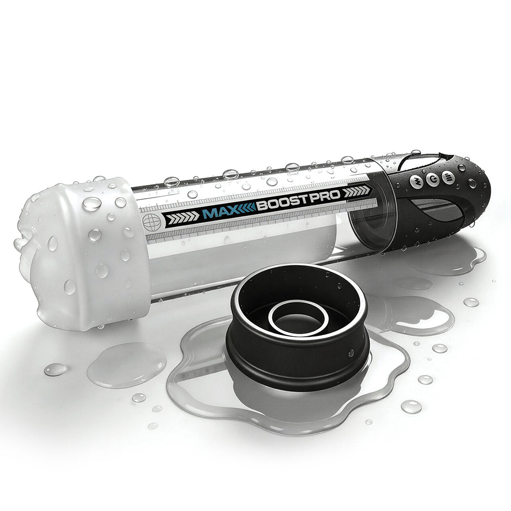 Pumpworx Maxboost Pro Flow Deluxe Penis Pump Kit Black with interchangeable sleeves and water droplets.